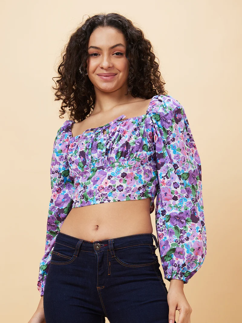 globus Women Lavender Floral Printed Square Neck Gathered Detailed Cotton Crop Top