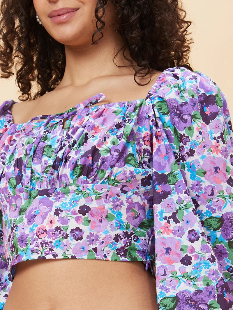globus Women Lavender Floral Printed Square Neck Gathered Detailed Cotton Crop Top