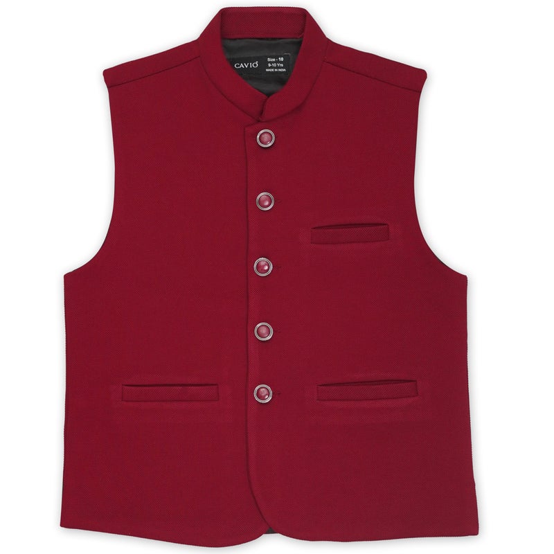 CAVIO Boys Maroon Solid Nehru Jacket - Image 4