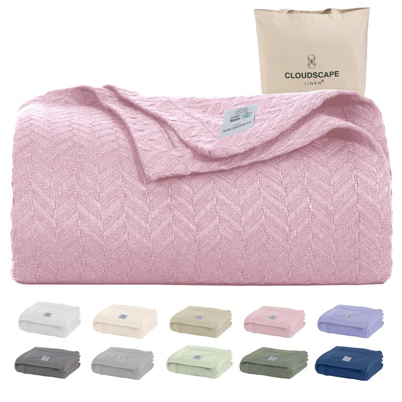 Cloud Scape Linen 100 Cotton Blanket King 92x108 Seashell Pink Cozy Herringbone Weave Fits Up to Cal King Beds Breathable Softness AllSeason Warmth Heavy Layering Winter Blanket