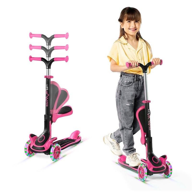 LifeMaster 3 Wheel Scooter for Kids with Foldable Seat, Adjustable Handlebar Height, Lean-to-Steer Ride On Toy for Kids Ages 2+, Light-Up LED Wheels, Wide Anti Slip Deck, Indoor & Outdoor Use, Pink - Image 1