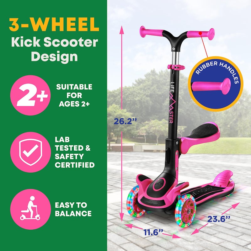 LifeMaster 3 Wheel Scooter for Kids with Foldable Seat, Adjustable Handlebar Height, Lean-to-Steer Ride On Toy for Kids Ages 2+, Light-Up LED Wheels, Wide Anti Slip Deck, Indoor & Outdoor Use, Pink - Image 5