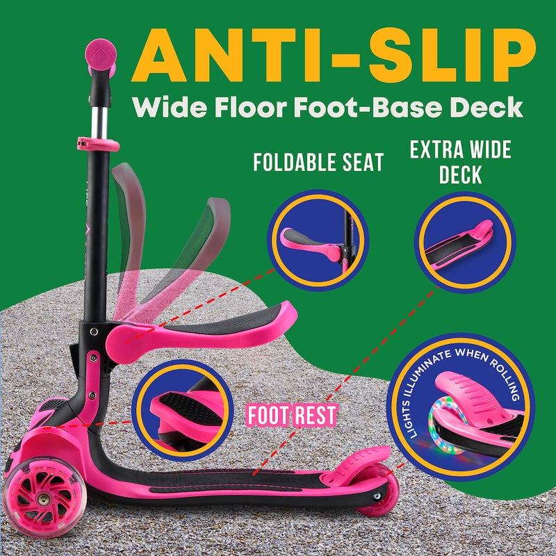 LifeMaster 3 Wheel Scooter for Kids with Foldable Seat, Adjustable Handlebar Height, Lean-to-Steer Ride On Toy for Kids Ages 2+, Light-Up LED Wheels, Wide Anti Slip Deck, Indoor & Outdoor Use, Pink - Image 4