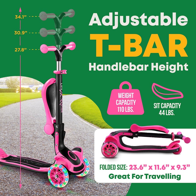 LifeMaster 3 Wheel Scooter for Kids with Foldable Seat, Adjustable Handlebar Height, Lean-to-Steer Ride On Toy for Kids Ages 2+, Light-Up LED Wheels, Wide Anti Slip Deck, Indoor & Outdoor Use, Pink - Image 2