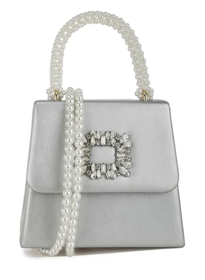 London Rag Pearl Top-Handle Diamante Brooch Bag in Silver