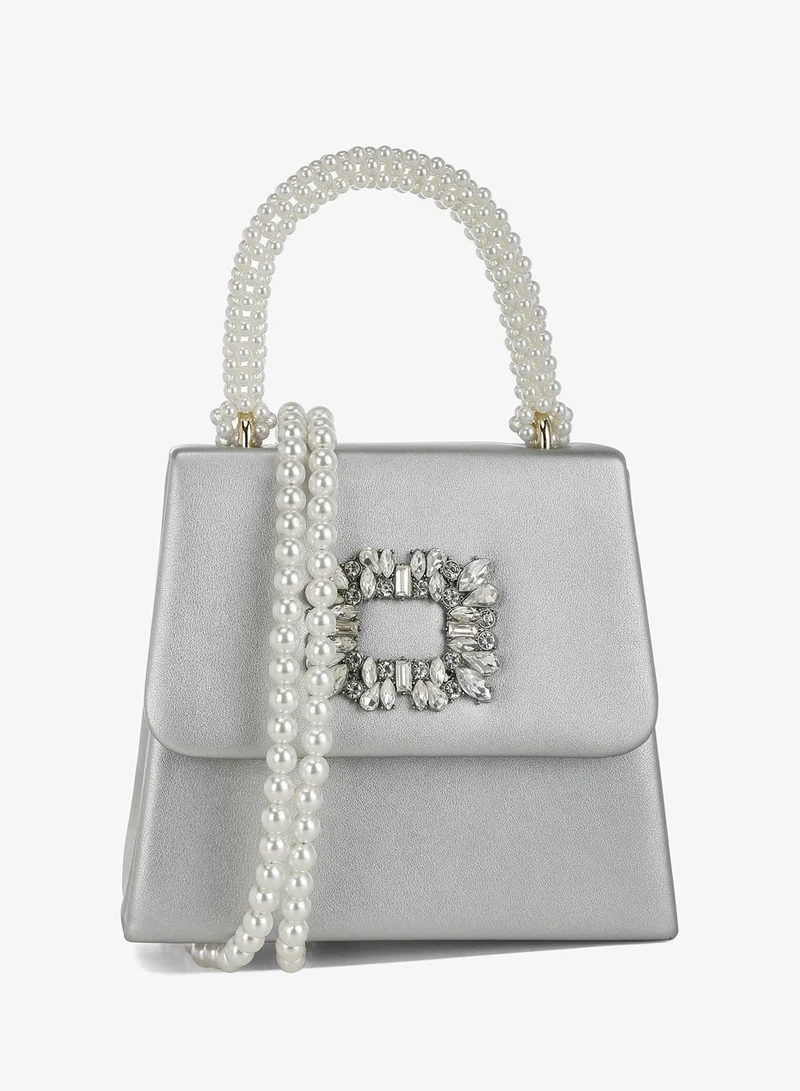 London Rag Pearl Top-Handle Diamante Brooch Bag in Silver