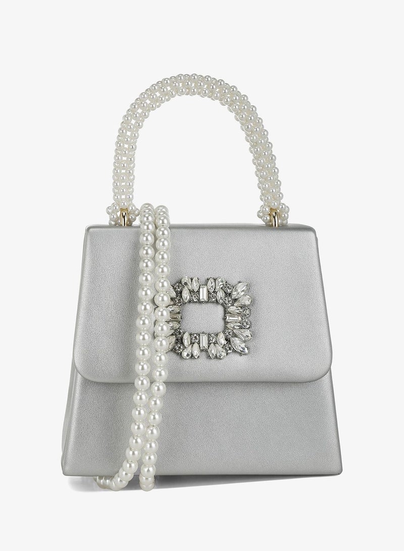 London Rag Pearl Top-Handle Diamante Brooch Bag in Silver - Image 1