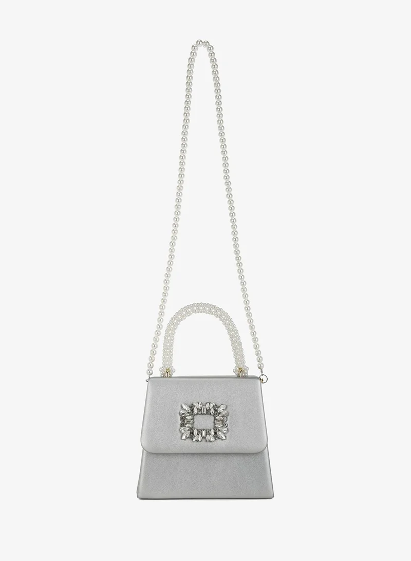 London Rag Pearl Top-Handle Diamante Brooch Bag in Silver