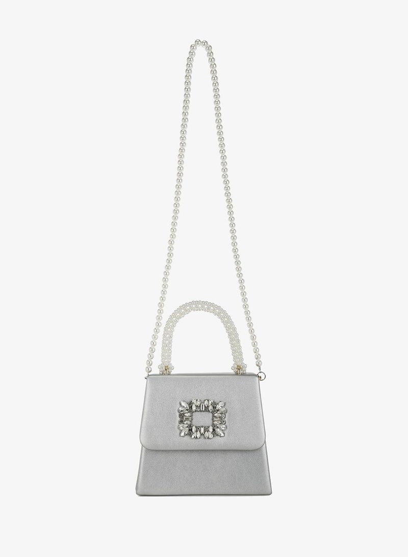 London Rag Pearl Top-Handle Diamante Brooch Bag in Silver - Image 2