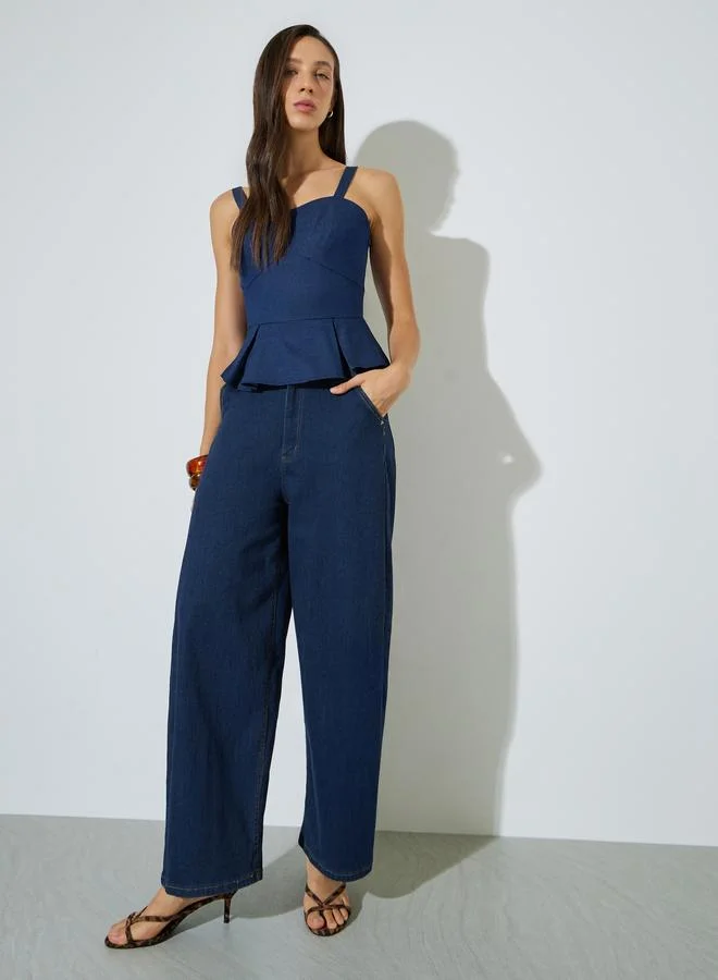 Styli Strappy Bodice Denim Peplum Top