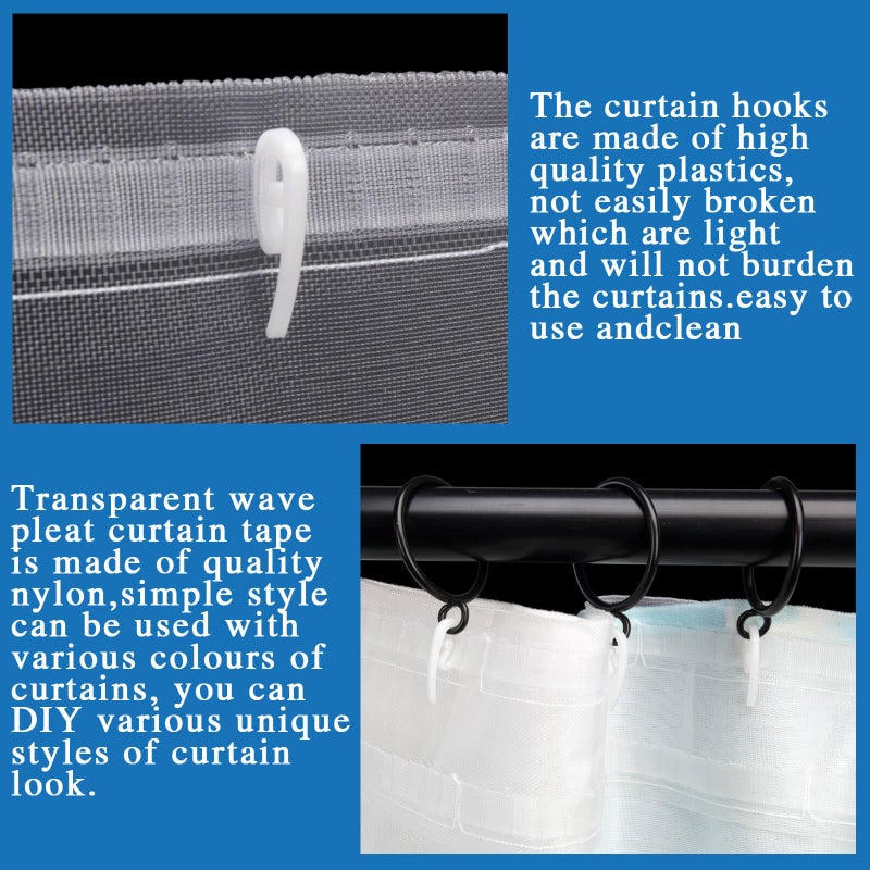 Zocang Transparent Wave Pleat Curtain Tape -10 Yards/100 Hooks White Nylon Drapery Header Tape for Curtain DIY and Ripple Fold Zocang - Image 3