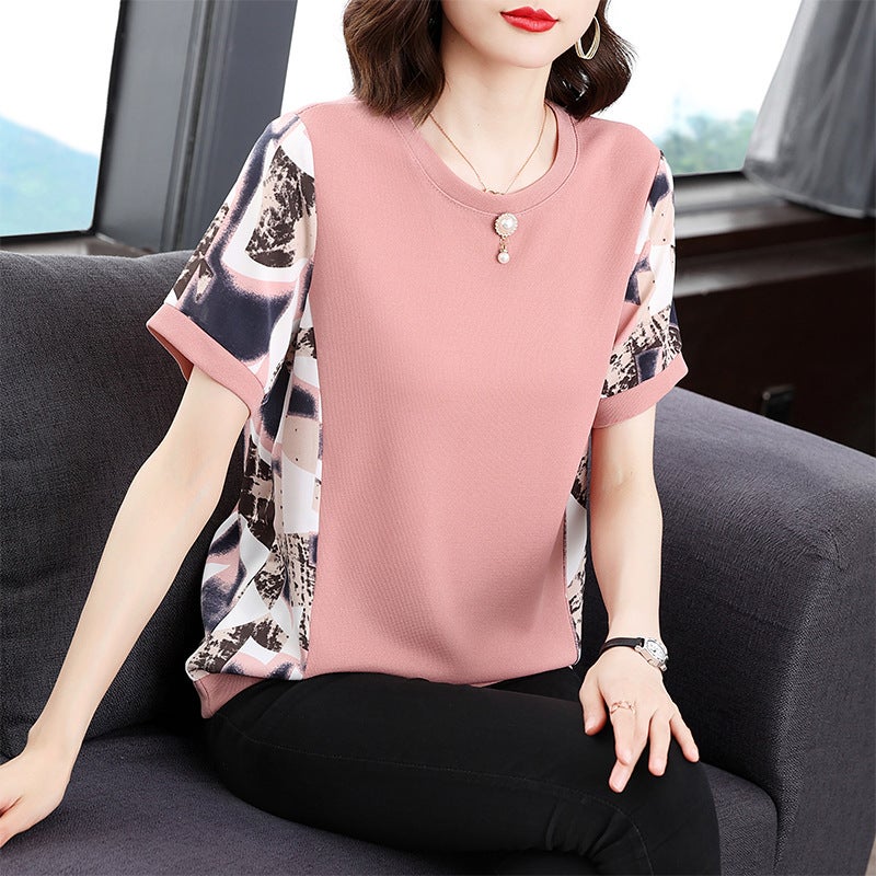 Summer Plus Size Women'S Clothing Stitching Printed Short-Sleeved T-Shirt Women'S Korean-Style Loose All-Match T-Shirt Top - Image 2