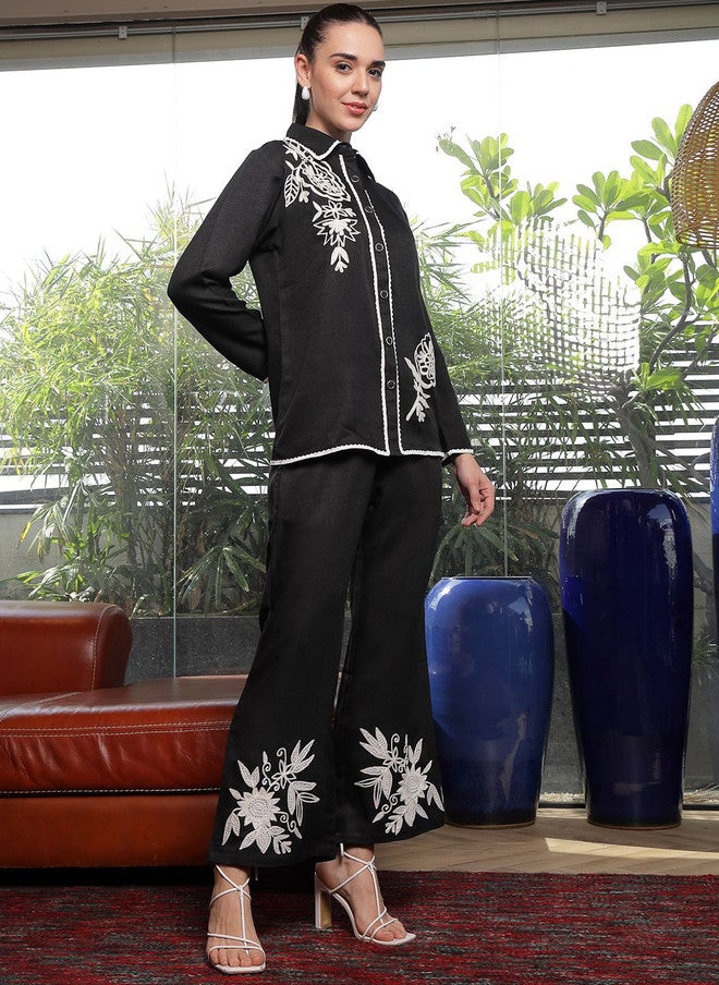 PlusS Embroidered Black Cotton Shirt And Trousers Co-Ords For Women - Image 4