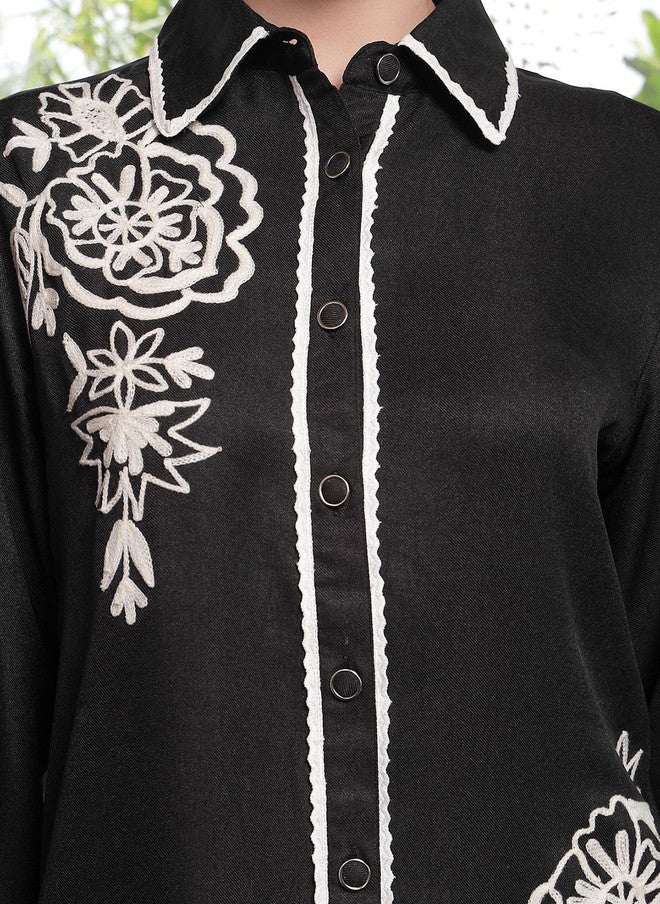 PlusS Embroidered Black Cotton Shirt And Trousers Co-Ords For Women - Image 2