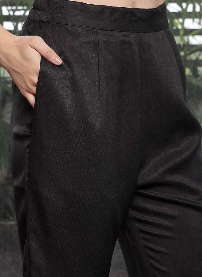 PlusS Embroidered Black Cotton Shirt And Trousers Co-Ords For Women - Image 3