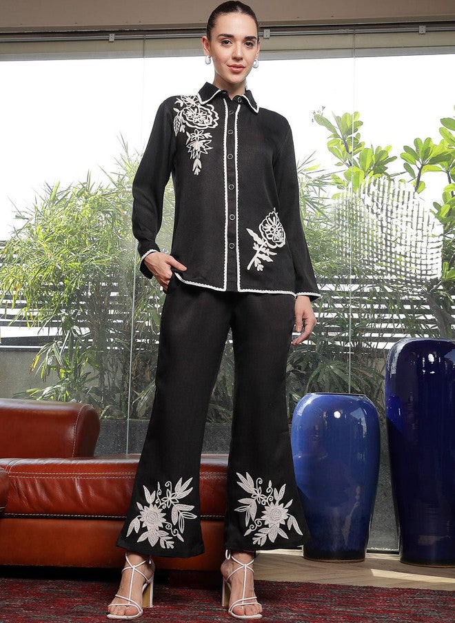 PlusS Embroidered Black Cotton Shirt And Trousers Co-Ords For Women - Image 1