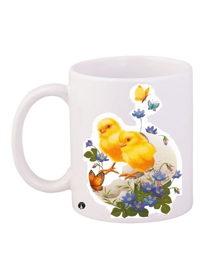 RYN Birds Printed Coffee Mug White/Yellow/Green 11ounce