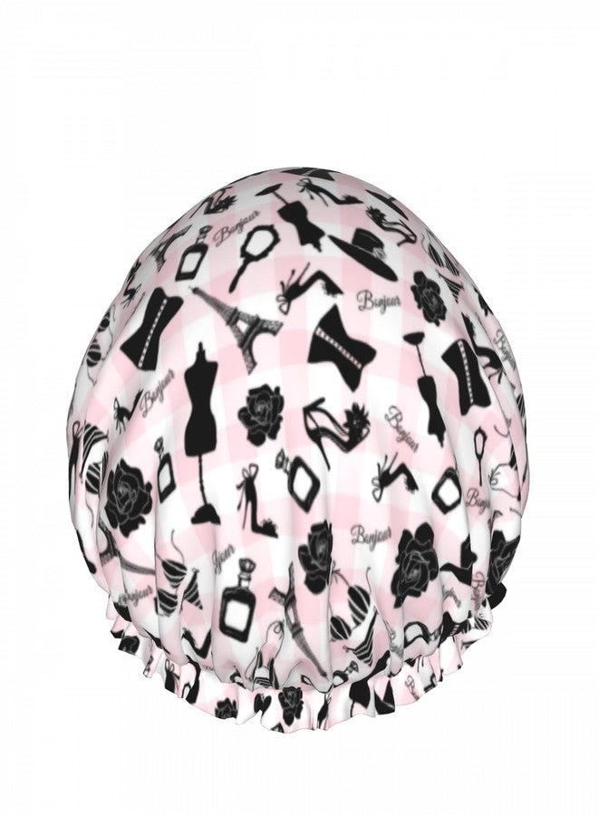 Farg Fashion Pink Checkered Double Layer Waterproof Shower Cap for Women Reusable Bath Cap for All Long Hair Lengths Soft Bath Shower Hat - Image 1