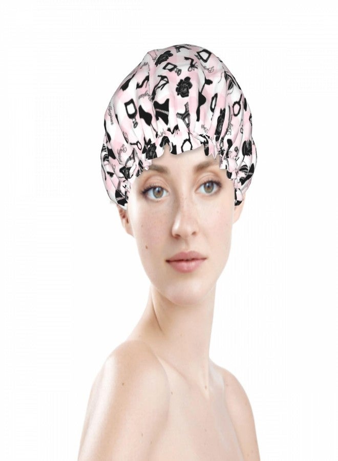 Farg Fashion Pink Checkered Double Layer Waterproof Shower Cap for Women Reusable Bath Cap for All Long Hair Lengths Soft Bath Shower Hat - Image 3