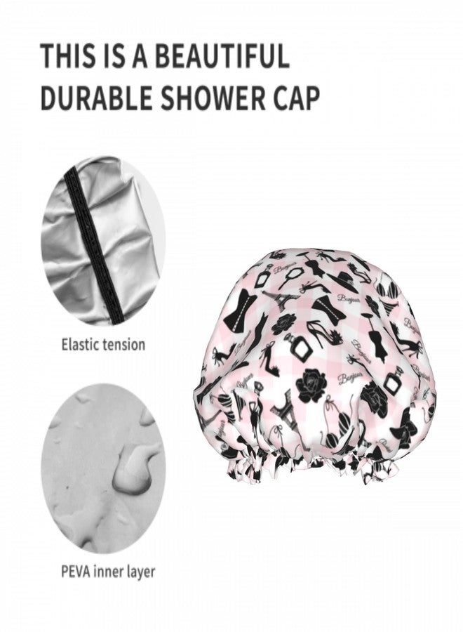 Farg Fashion Pink Checkered Double Layer Waterproof Shower Cap for Women Reusable Bath Cap for All Long Hair Lengths Soft Bath Shower Hat - Image 5