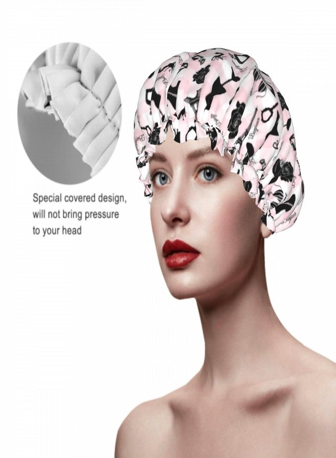Farg Fashion Pink Checkered Double Layer Waterproof Shower Cap for Women Reusable Bath Cap for All Long Hair Lengths Soft Bath Shower Hat - Image 4