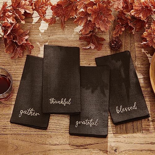 Elrene Home Fashions Harvest Fall Sentiment Embroidered Napkins Set of 4 17x17 Brown - Image 1