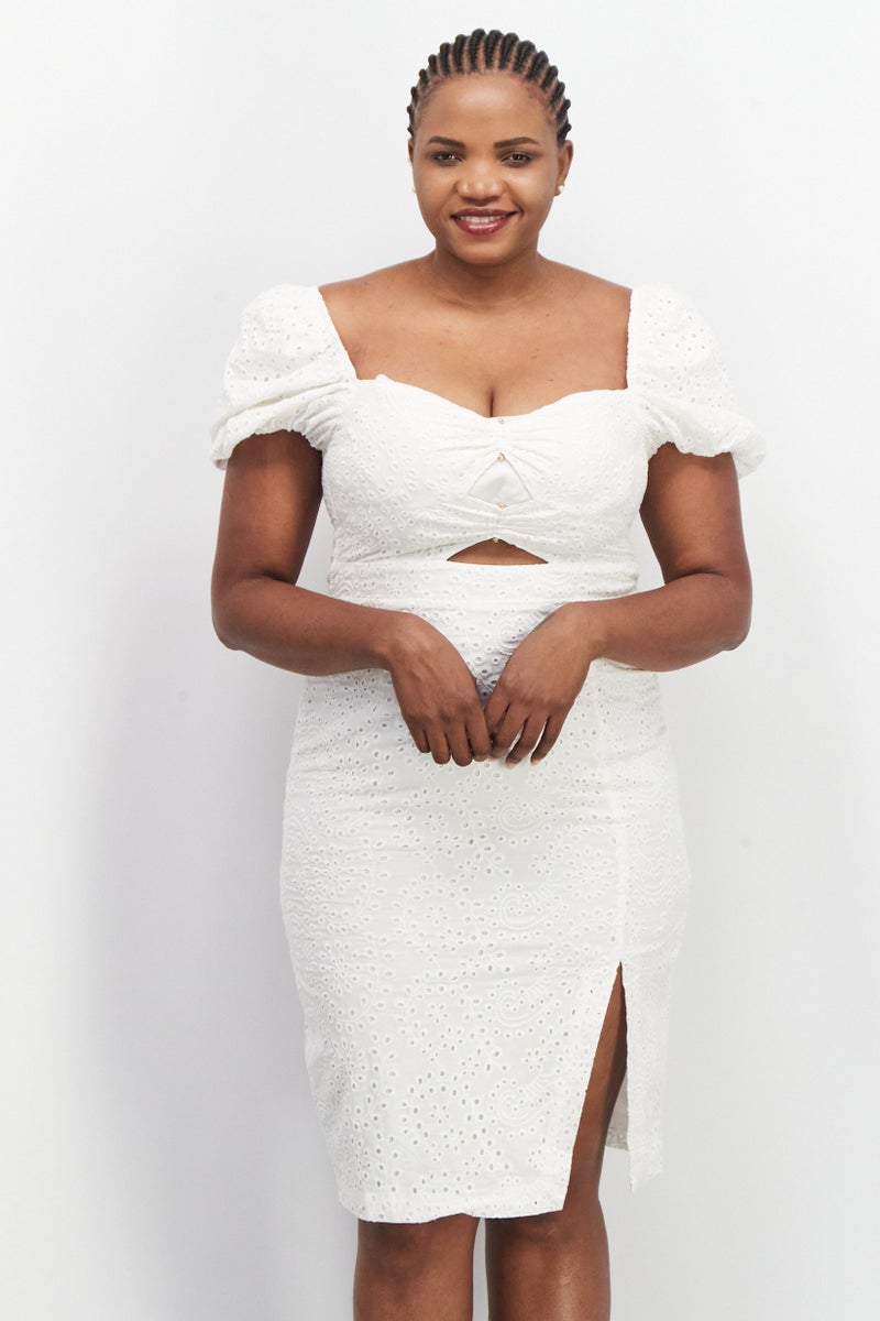 Dark Pink Women Plus Size Textured Midi Dress, White - Image 1