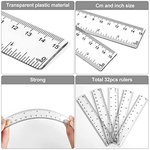 Spakon 32 Pack 6 Inch Mini Rulers Bulk Plastic Small Rulers with Inches and Centimeters, Drafting Measuring Tool Set for Classroom Kids Student School Office Supplies(6 Inch,Clear) - Image 4