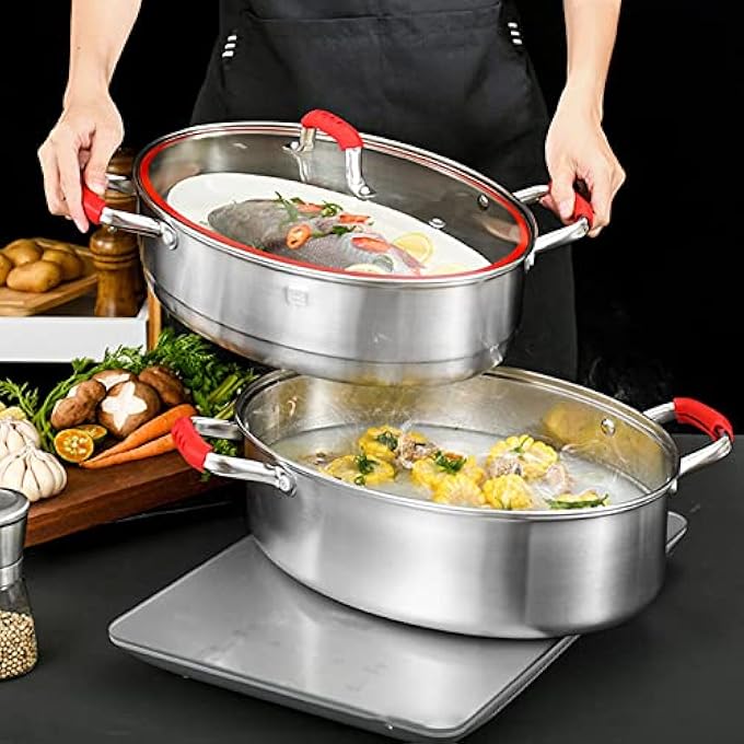 وعاء سمك مطهو على البخار بيضاوي مزدوج الطبقات متعدد الوظائف من الفولاذ المقاوم للصدأ 304 مع رف ومشبك صفيحة سيراميك لطهي خبز الذرة بالبخار - Image 5