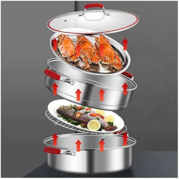 وعاء سمك مطهو على البخار بيضاوي مزدوج الطبقات متعدد الوظائف من الفولاذ المقاوم للصدأ 304 مع رف ومشبك صفيحة سيراميك لطهي خبز الذرة بالبخار - Image 2