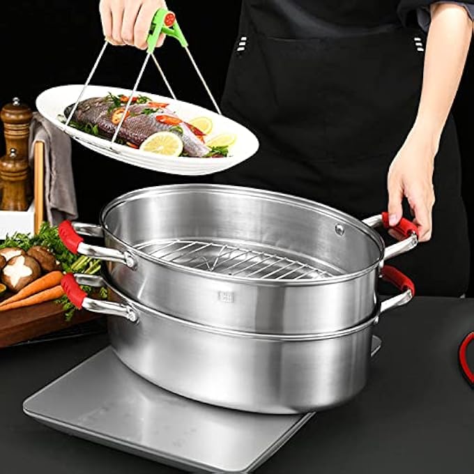 وعاء سمك مطهو على البخار بيضاوي مزدوج الطبقات متعدد الوظائف من الفولاذ المقاوم للصدأ 304 مع رف ومشبك صفيحة سيراميك لطهي خبز الذرة بالبخار - Image 3