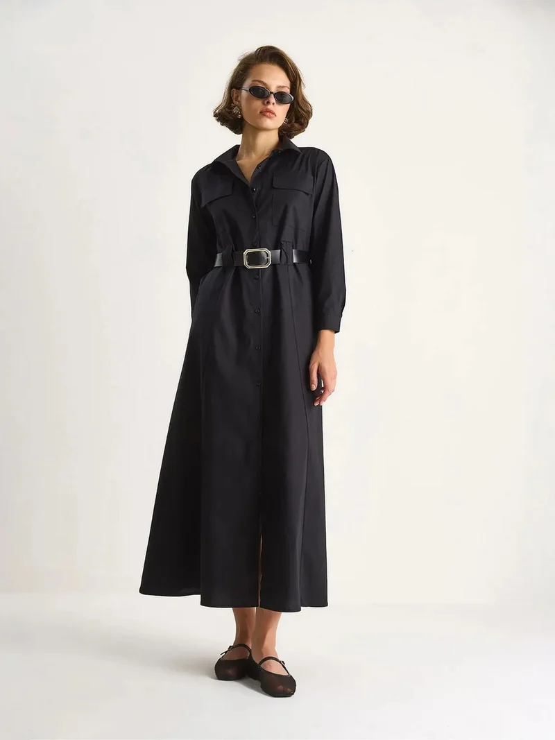 Bianco Lucci LUCCI Long Sleeve Maxi Dress with Button Closure and Shirt Collar