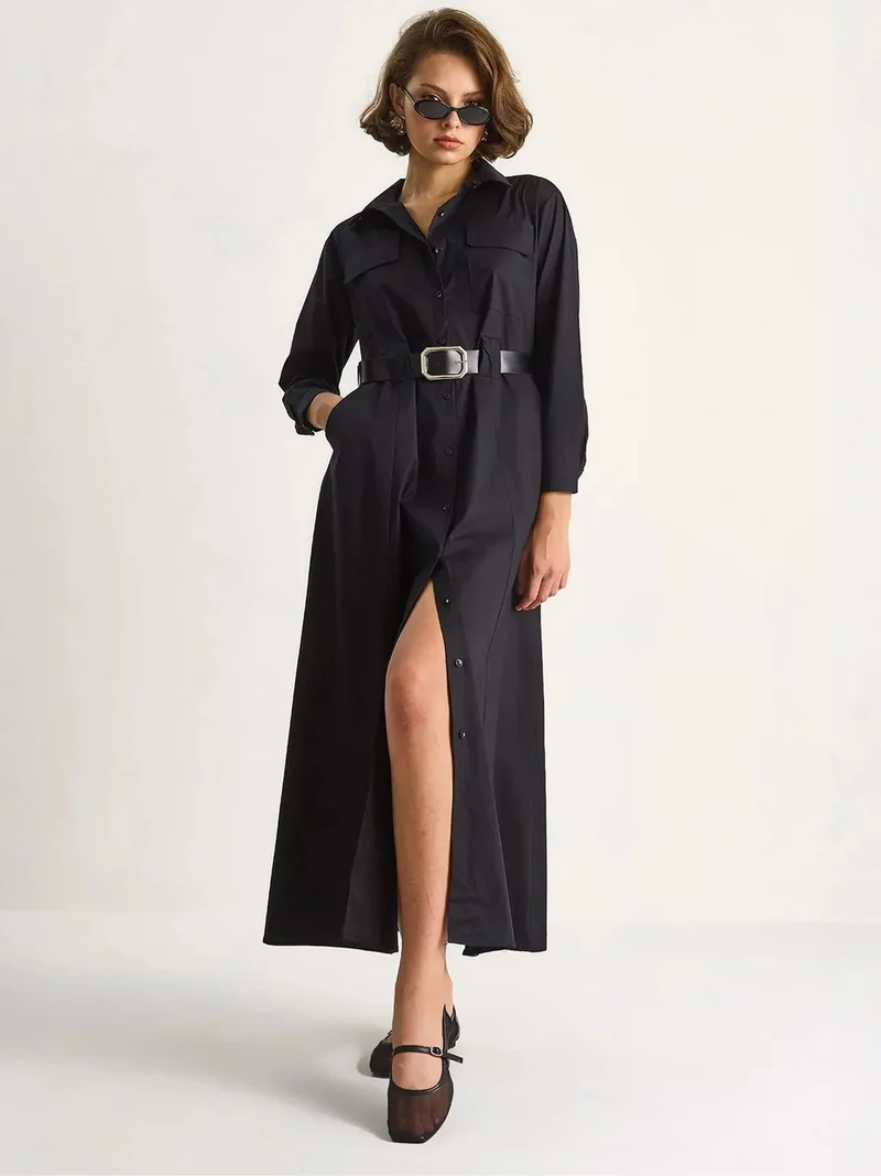 Bianco Lucci LUCCI Long Sleeve Maxi Dress with Button Closure and Shirt Collar