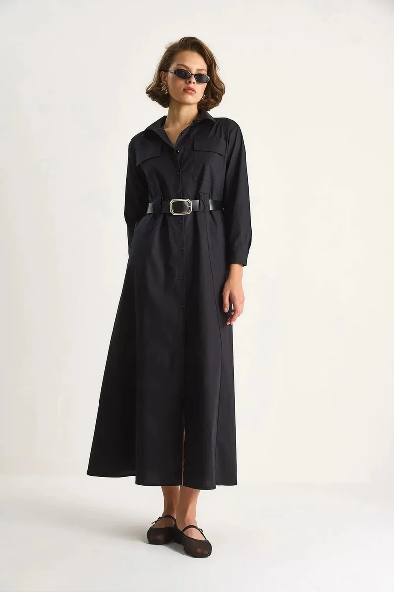 بيانكو لوتشي LUCCI Long Sleeve Maxi Dress with Button Closure and Shirt Collar