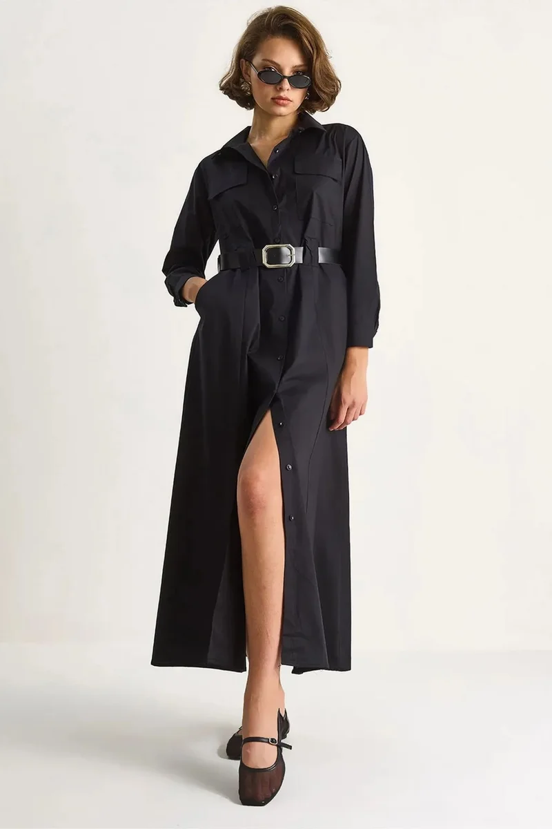 بيانكو لوتشي LUCCI Long Sleeve Maxi Dress with Button Closure and Shirt Collar