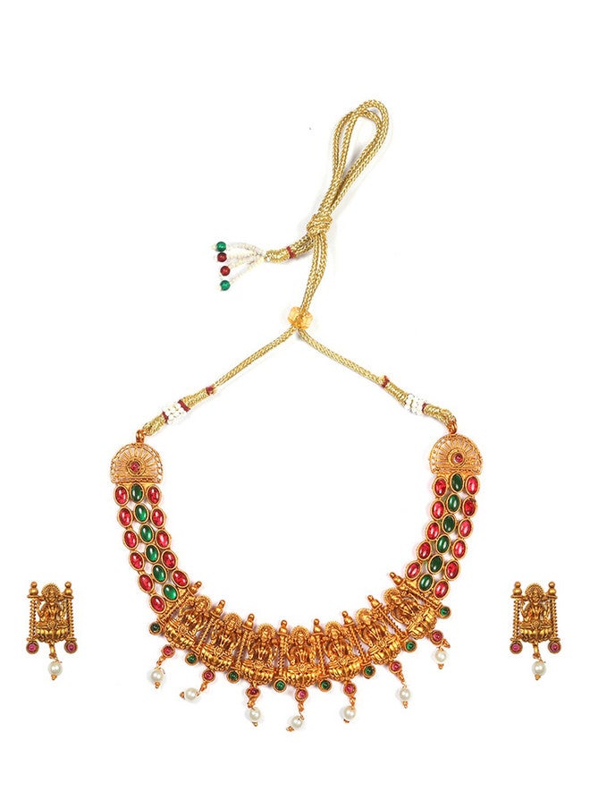 StileAdda Gold-Plated Temple Jewellery Set with Pink and Green Stones - Image 2