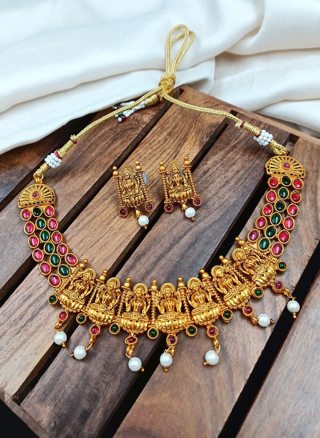 StileAdda Gold-Plated Temple Jewellery Set with Pink and Green Stones - Image 1