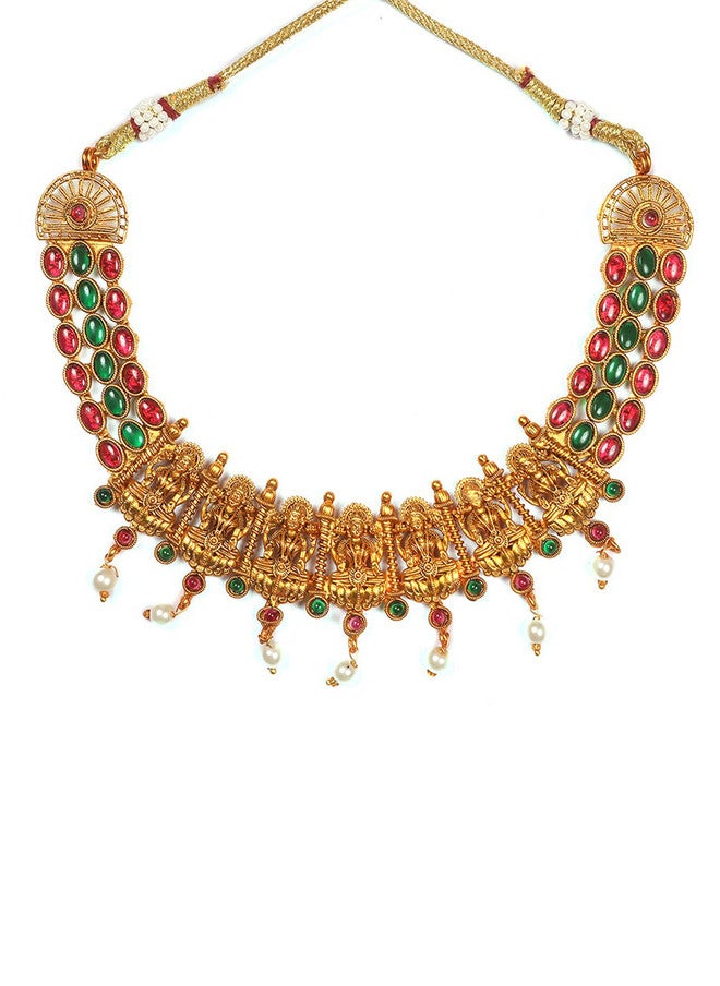 StileAdda Gold-Plated Temple Jewellery Set with Pink and Green Stones - Image 3