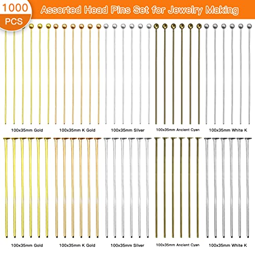 Oubaka 1000pcs Assorted Head Pins Set for Jewelry Making,includes 500pcs Ball Head Pins and 500pcs Flat Head Pins, Beading Pins for DIY Craft(35mm,5 Colors) - Image 2