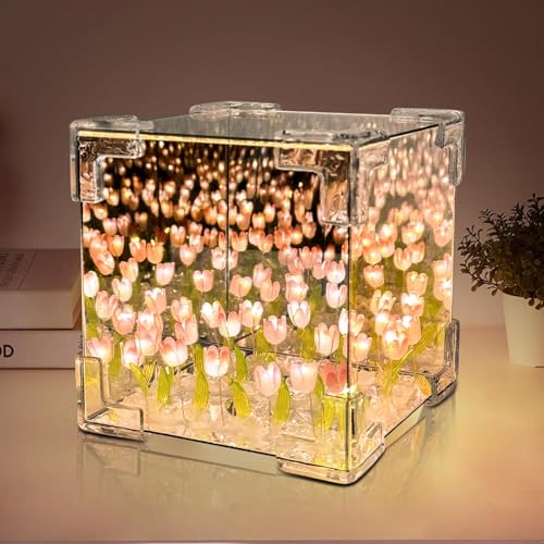 Hudux DIY Tulip Night Light LED Decorations Lamp, Glass Artificial Tulips Flower, Bedroom Table Lamp, 9 Flowers, Children Girl Couple Friends Gift, Atmosphere Decoration Desk Ornament (Square) - Image 1
