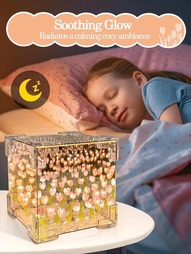 Hudux DIY Tulip Night Light LED Decorations Lamp, Glass Artificial Tulips Flower, Bedroom Table Lamp, 9 Flowers, Children Girl Couple Friends Gift, Atmosphere Decoration Desk Ornament (Square) - Image 2