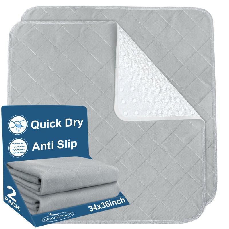 SPRINGSPIRIT Bed Pads Washable Waterproof2 Pack 34 x 36 Washable and Reusable Anti Slip Chuck Pads Incontinence Underpad Sheet Protector for Adults Elderly Kids Toddler and Pets Grey