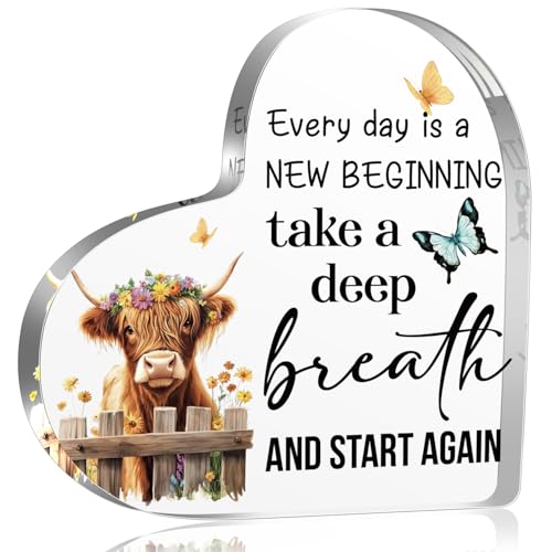 YAANUNULU Highland Cow Acrylic Keepsake Gifts for Women Friends Daughter Sister, Every day is a new beginning - Highland Cow Art Decor, Motivational and Inspirational Decorations for Home, Housewarming Gifts - Image 1