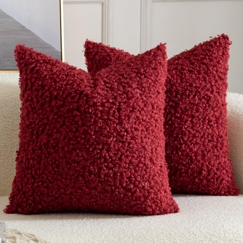 Yaertun Pack of 2 Faux Fur Throw Pillow Covers Decorative Sherpa Boucle Pillow Covers Fuzzy Soft Pillowcases Sheepskin Fleece Cushion Case for Couch Sofa Bed Living Room 16x16 Inch Burgundy - Image 1
