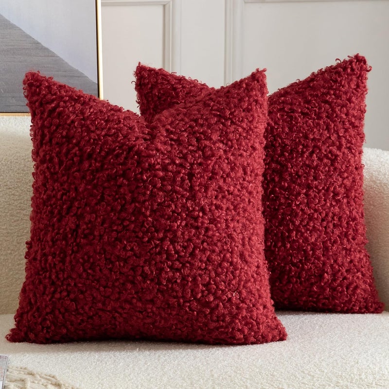 Yaertun Pack of 2 Faux Fur Throw Pillow Covers Decorative Sherpa Boucle Pillow Covers Fuzzy Soft Pillowcases Sheepskin Fleece Cushion Case for Couch Sofa Bed Living Room 16x16 Inch Burgundy - Image 2