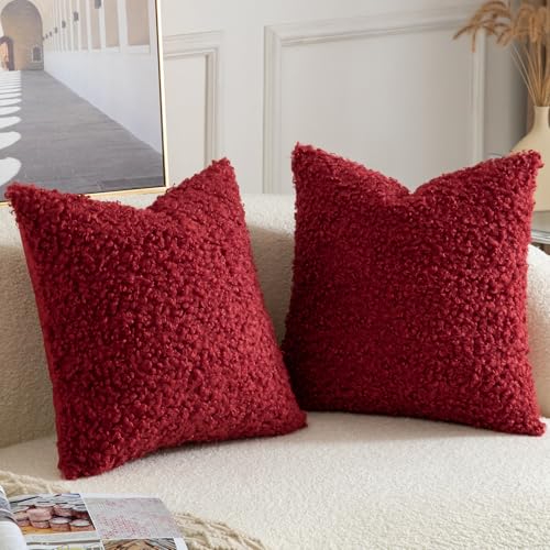 Yaertun Pack of 2 Faux Fur Throw Pillow Covers Decorative Sherpa Boucle Pillow Covers Fuzzy Soft Pillowcases Sheepskin Fleece Cushion Case for Couch Sofa Bed Living Room 16x16 Inch Burgundy - Image 3