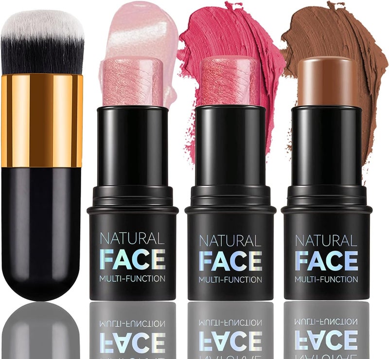 3pcs Contouring Face Stick Blush Highlight Contour Illuminating Face Make Up Bronzer Multifunctional Eyeshadow Concealer Creamy Texture and Finish Mat