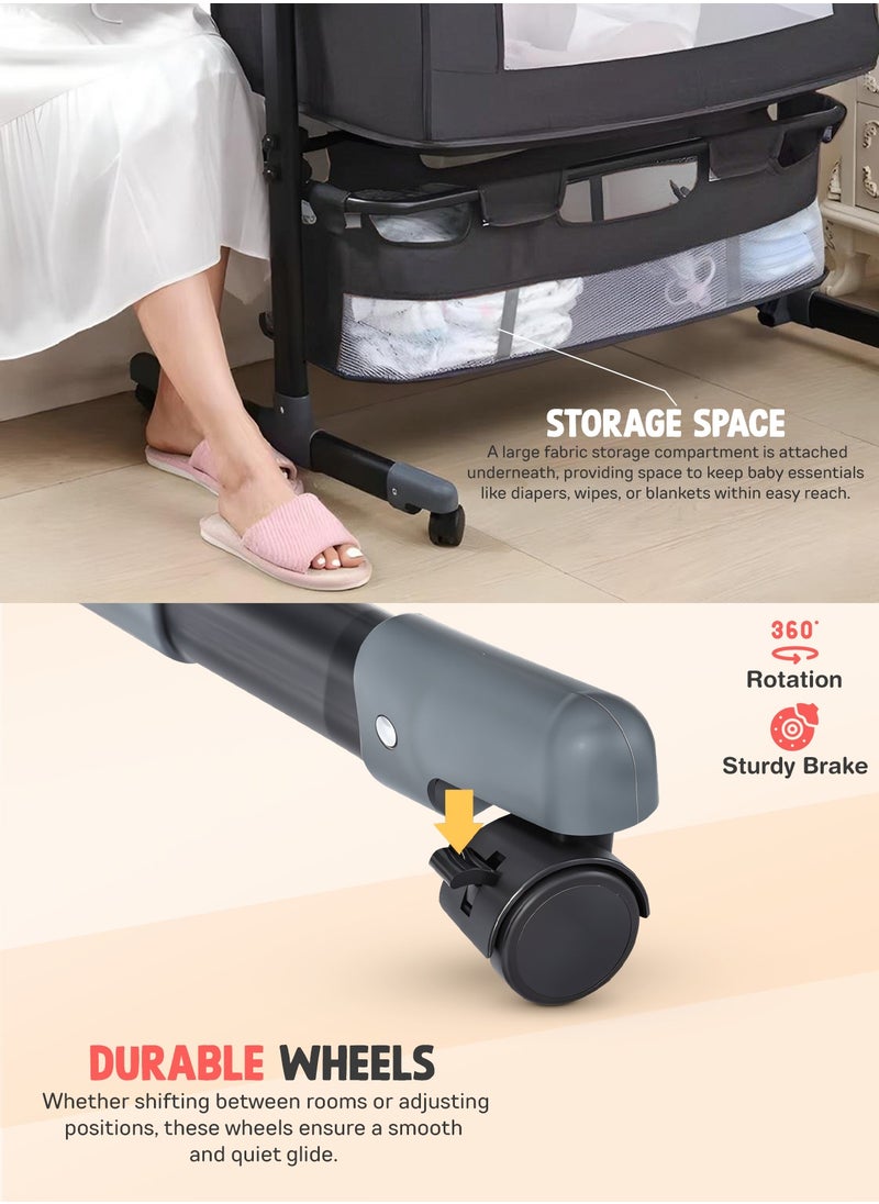BAYBEE Baybee Premium Baby Bedside Crib Cradle With Height Adjustable Baby Bed with Mattress, Baby Cradle Foldable Bassinet Sleeper Detachable Mosquito Net, Portable Travel Baby Crib for Infant/Newborn-Grey  - Image 3
