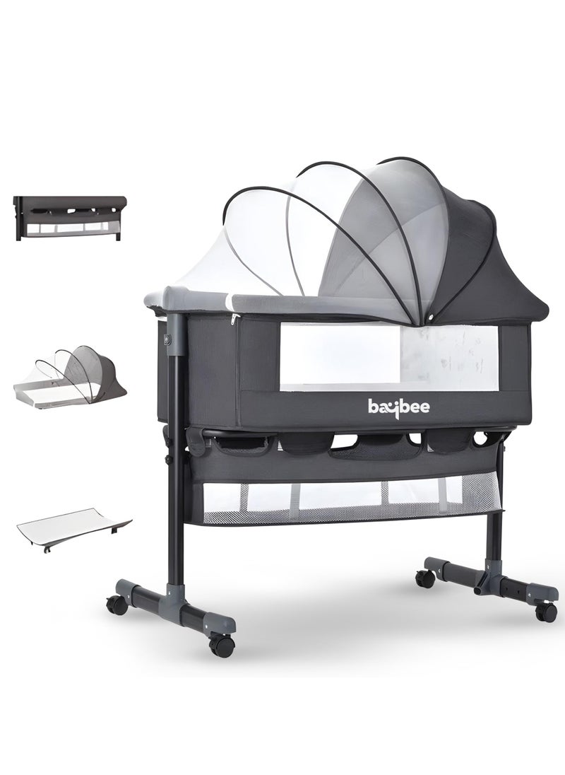 BAYBEE Baybee Premium Baby Bedside Crib Cradle With Height Adjustable Baby Bed with Mattress, Baby Cradle Foldable Bassinet Sleeper Detachable Mosquito Net, Portable Travel Baby Crib for Infant/Newborn-Grey  - Image 1