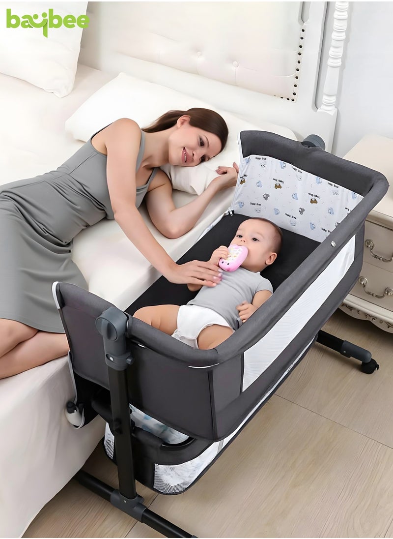 BAYBEE Baybee Premium Baby Bedside Crib Cradle With Height Adjustable Baby Bed with Mattress, Baby Cradle Foldable Bassinet Sleeper Detachable Mosquito Net, Portable Travel Baby Crib for Infant/Newborn-Grey  - Image 2